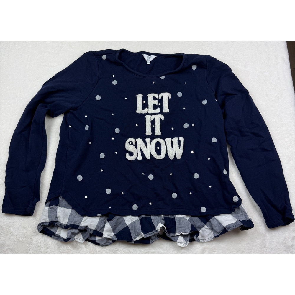 Crown & Ivy Petite XL Navy Let It Snow Sequin Top Gingham Hem PXL